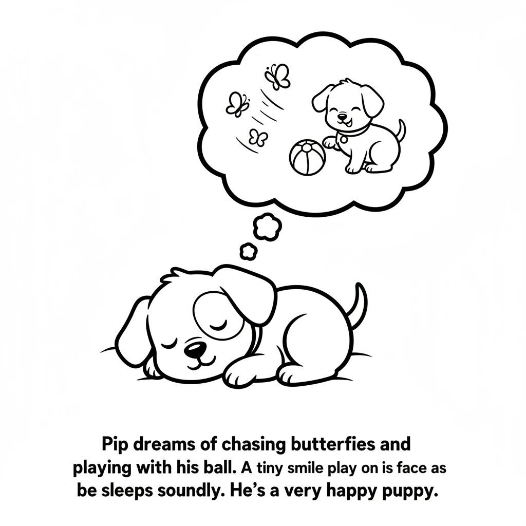 Pip dreams of chasing butterflies and playing with his ball. A tiny smile plays on his face as he sleeps soundly. He's a very happy puppy.