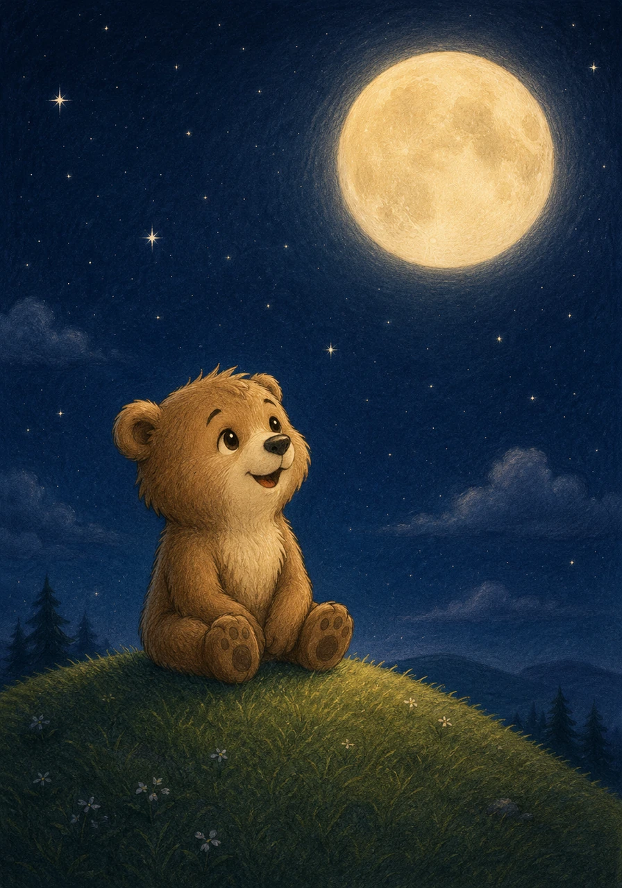 Leo the little bear sits on a soft green hill. He looks up at the big, dark blue sky and smiles at the glowing moon.