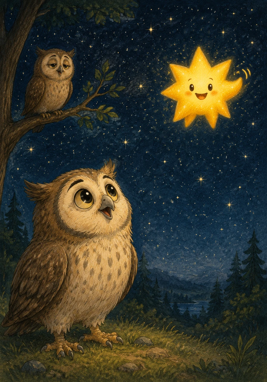 Suddenly, a tiny yellow star winks and wiggles in the sky. The little star waves its points at Leo and says a soft hello.