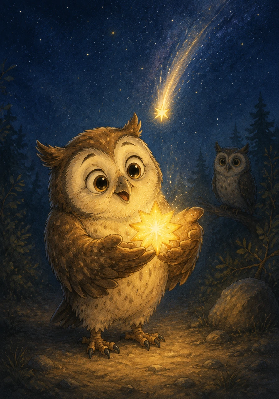 The tiny star falls down, down, down from the sky like a bright teardrop. Leo opens his fluffy paws and catches the warm star safely.