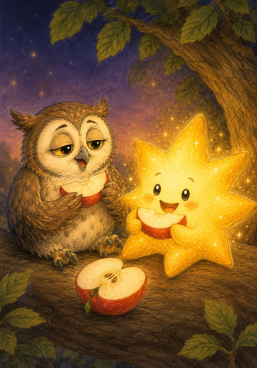 Leo names his new friend Twinkle, and they share a sweet, juicy apple together. Twinkle glows brighter and happier with every bite.