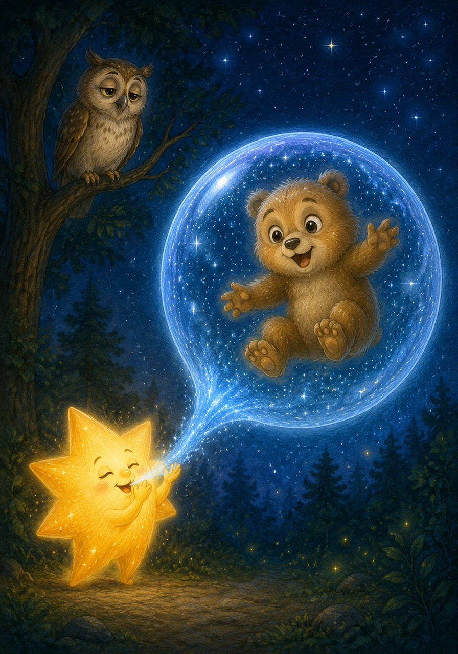 Twinkle blows a bubble of magical blue stardust all around Leo. The little bear feels light and floats up into the cool night air.
