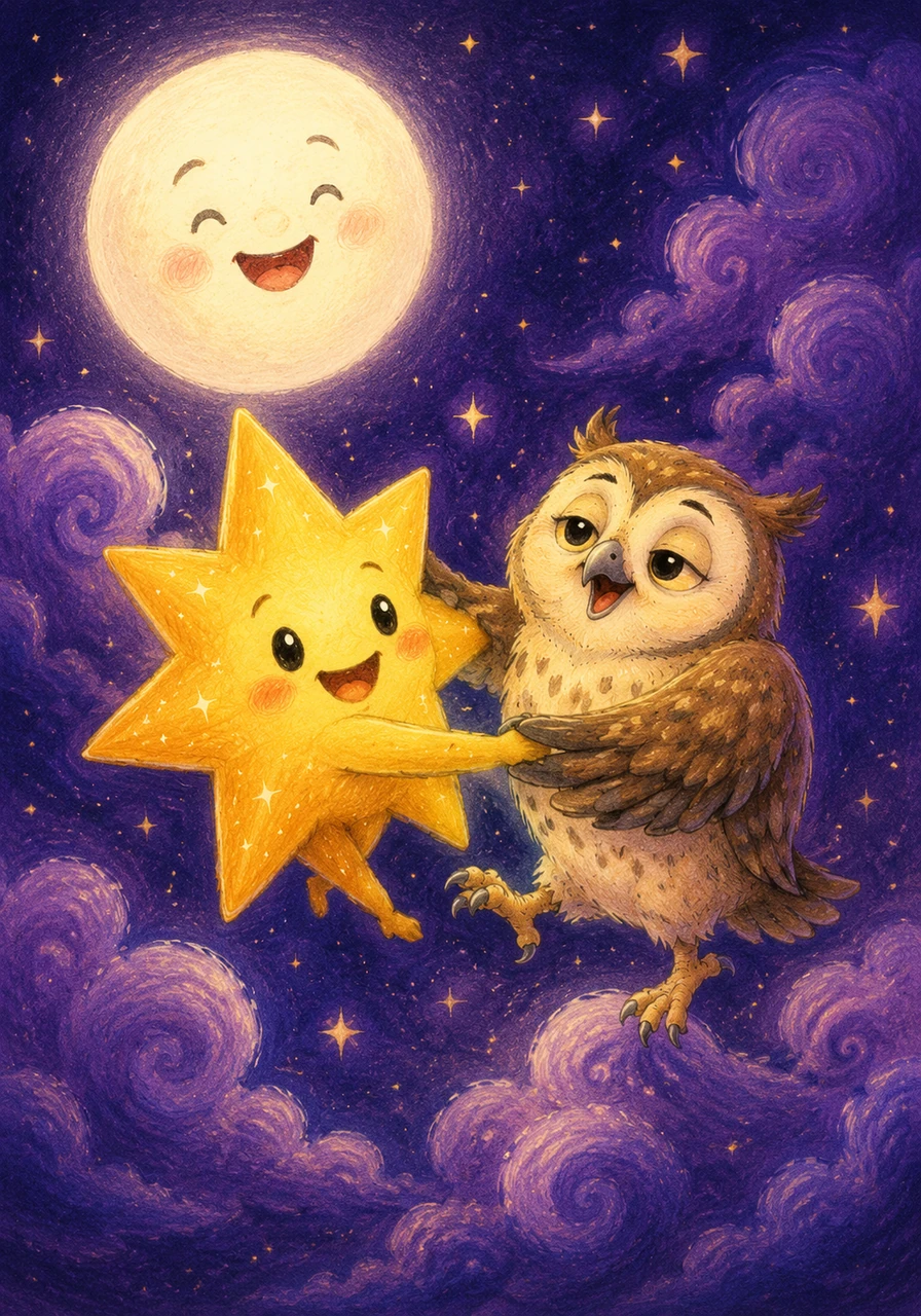 Leo and Twinkle fly past the smiling white moon and dance through fluffy, purple clouds. They laugh and spin around together in the sky.