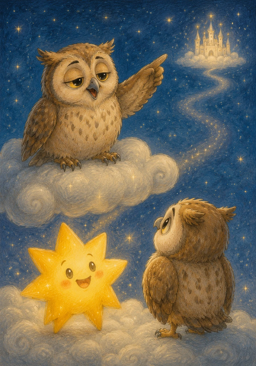 They meet a friendly, sleepy owl sitting on a silver cloud. The owl hoots softly and points the way back to the high star kingdom.
