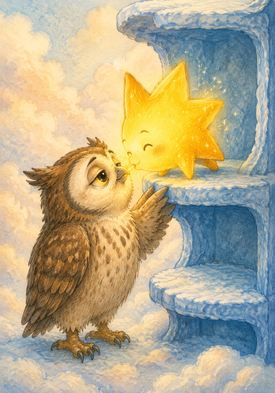 Leo helps Twinkle jump back onto her favorite high blue sky shelf. Twinkle sparkles with joy and kisses Leo on his fuzzy nose.