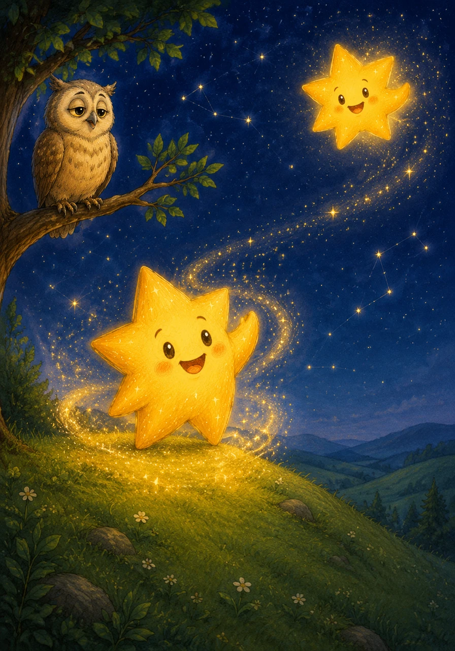 The magical stardust gently carries Leo back down to his cozy green hill. He waves goodbye to his bright friend shining high above.