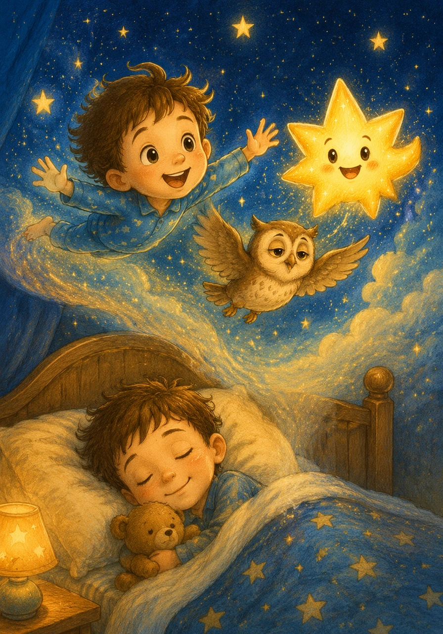Leo climbs into his warm, soft bed and closes his sleepy eyes. He dreams of flying through the beautiful, friendly stars all night long.