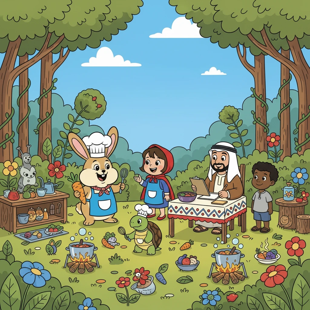 กระต่ายแก้มป่องกับเต่าเตี้ยได้รับคำท้าทายจากหนูน้อยหมวกแดงให้เข้าแข่งขันทำอาหาร! การแข่งขันจัดขึ้นในสวนสวยกลางป่าใหญ่ โดยมีเจ้าชาอาหรับผู้พูดได้แต่อังกฤษเป็นกรรมการตัดสิน และอิ้ลฮามบู่ทำหน้าที่แปลภาษา.