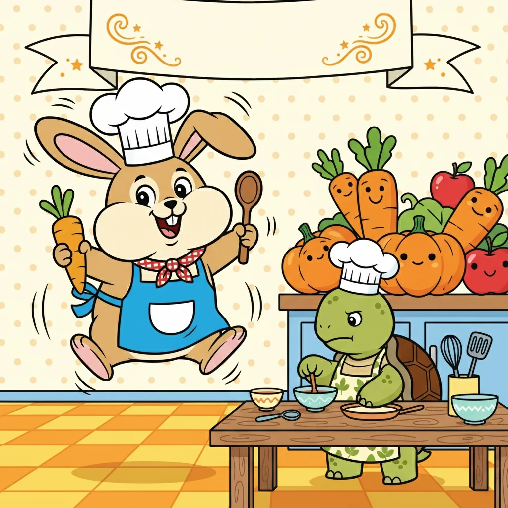 กระต่ายแก้มป่องกระโดดโลดเต้นด้วยความดีใจ เตรียมพร้อมลงมือทำอาหารอย่างรวดเร็ว ส่วนเต่าเตี้ยค่อยๆ เตรียมอุปกรณ์อย่างใจเย็น ทั้งสองต่างมีเป้าหมายคือชนะการแข่งขัน!