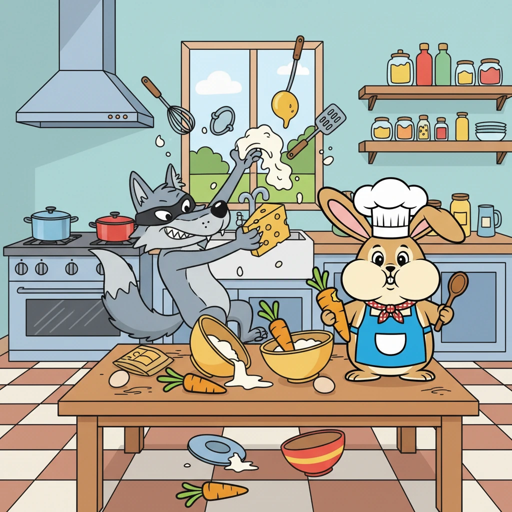 เจ้าหมาป่าจอมกวนปรากฏตัวขึ้น! มันพยายามขัดขวางการทำอาหารของทั้งสองตัว โดยการขโมยส่วนผสมและแอบซ่อนอุปกรณ์ต่างๆ สร้างความวุ่นวายให้กับงานแข่งขันอย่างมาก.
