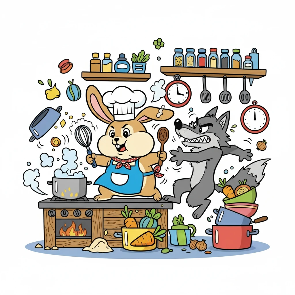 กระต่ายแก้มป่องเริ่มทำอาหารอย่างรวดเร็ว แต่ก็ต้องเผชิญกับอุปสรรคมากมายจากเจ้าหมาป่า มันพยายามใช้ความเร็วในการทำอาหารให้ทันเวลา.