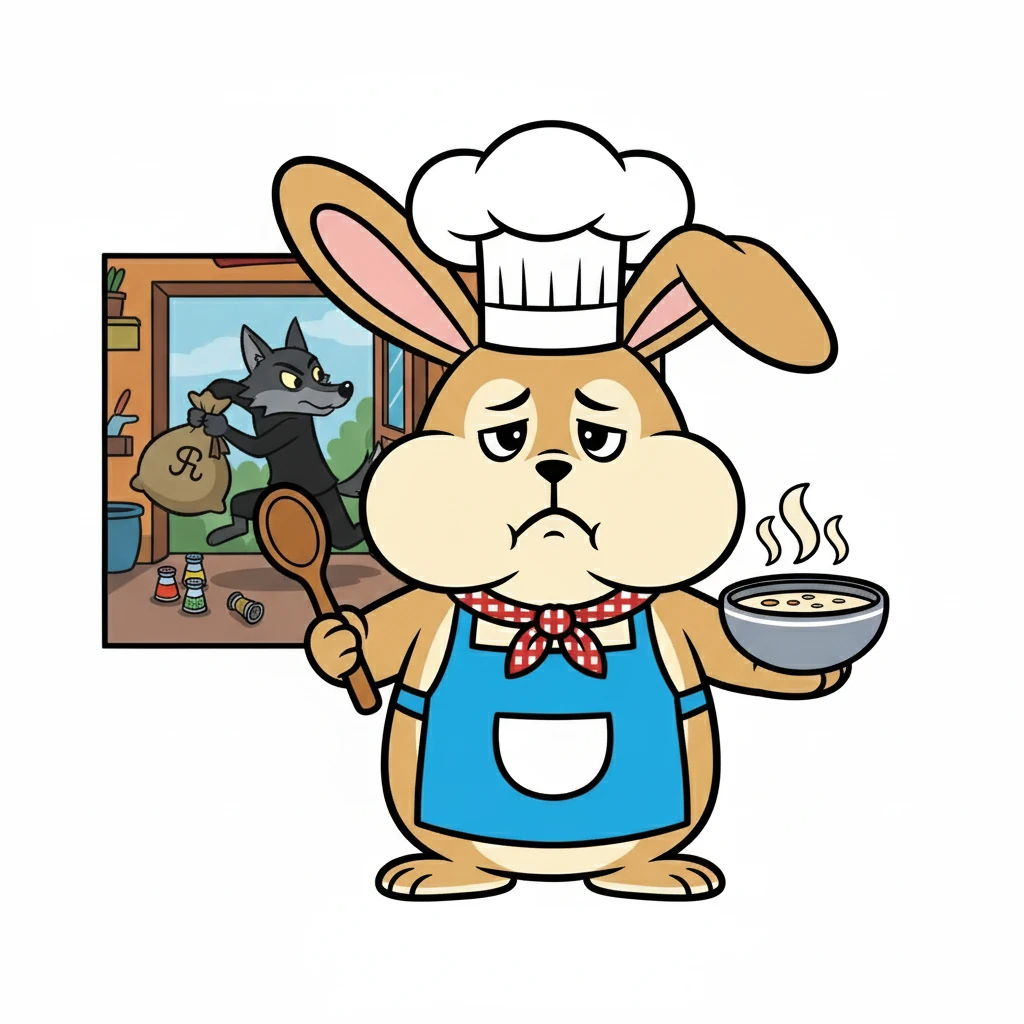 เจ้าหมาป่าแอบขโมยเครื่องเทศสำคัญของกระต่ายแก้มป่อง ทำให้รสชาติอาหารเปลี่ยนไปอย่างสิ้นเชิง กระต่ายแก้มป่องรู้สึกท้อแท้เล็กน้อย.