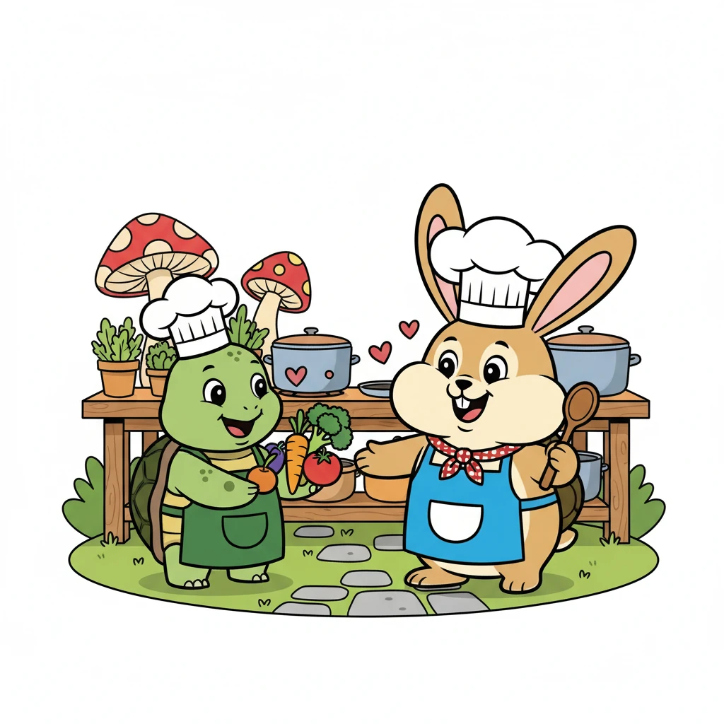 เต่าเตี้ยแบ่งปันส่วนผสมของตนเองให้กับกระต่ายแก้มป่อง เพื่อช่วยให้กระต่ายทำอาหารต่อได้ มิตรภาพเริ่มก่อตัวขึ้นระหว่างการแข่งขัน.