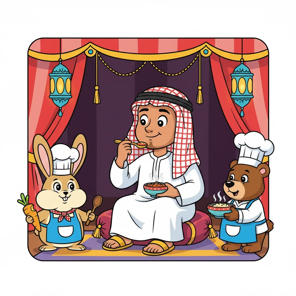 เจ้าชาอาหรับชิมอาหารของทั้งสองตัวด้วยความตั้งใจ แม้จะพูดได้แต่อังกฤษ แต่สีหน้าของเขาก็บ่งบอกถึงความอร่อยที่แตกต่างกัน.