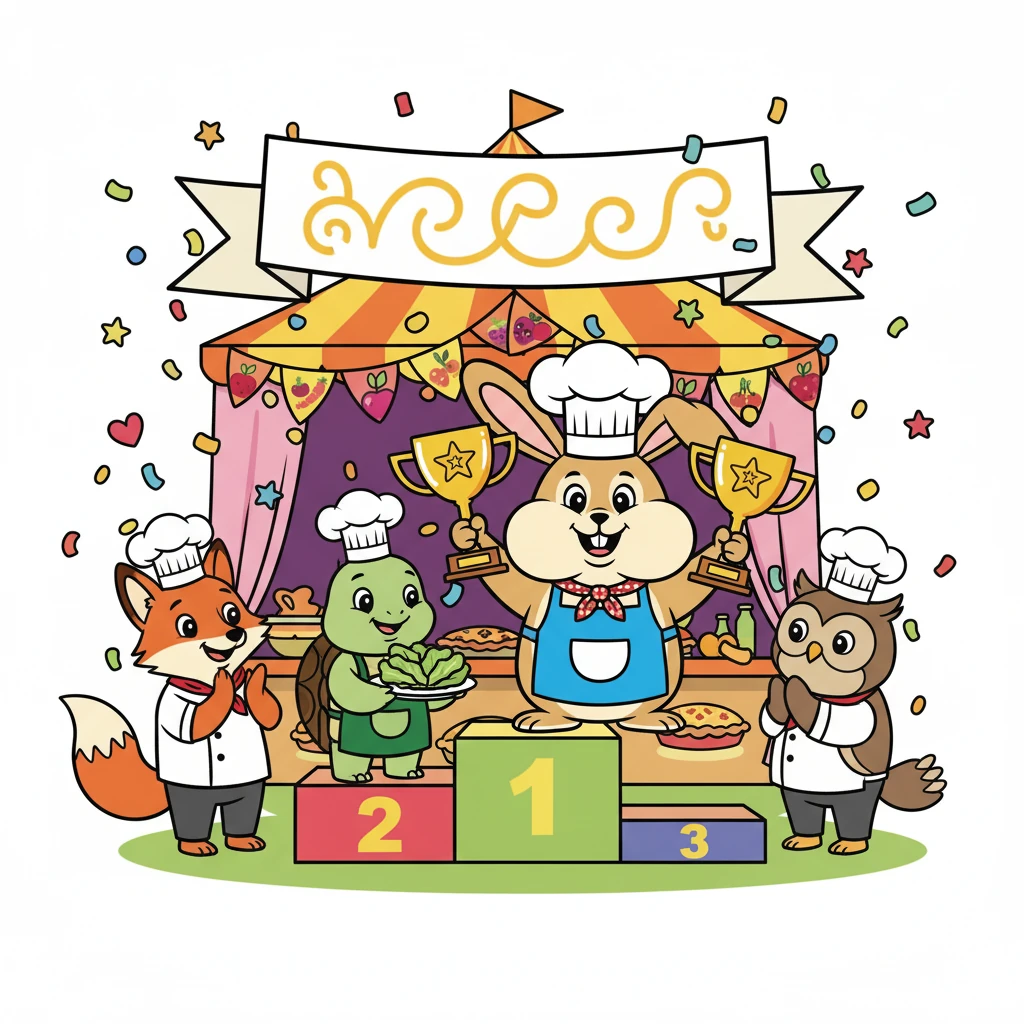 สุดท้ายแล้ว ทั้งกระต่ายแก้มป่องและเต่าเตี้ยได้รับรางวัลจากการแข่งขัน! แม้ว่ารสชาติอาหารจะแตกต่างกัน แต่ความพยายามและความมีน้ำใจของพวกเขาก็เป็นสิ่งที่สำคัญที่สุด.