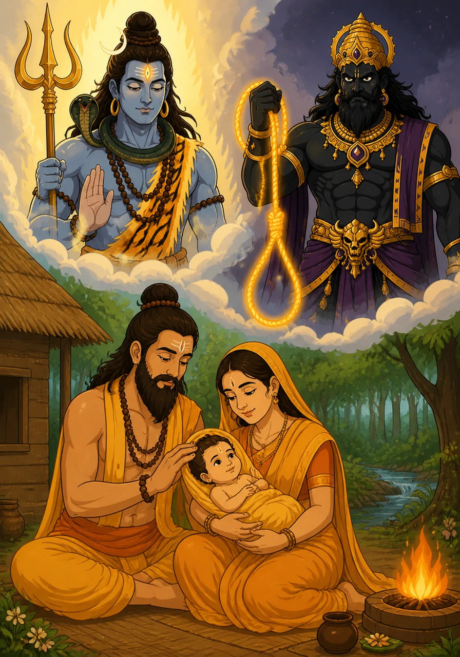 In a peaceful forest hermitage, a wise sage and his wife were blessed with a beautiful son named Markandeya. However, a celestial prophecy foretold that the boy was destined to live only until his sixteenth year.