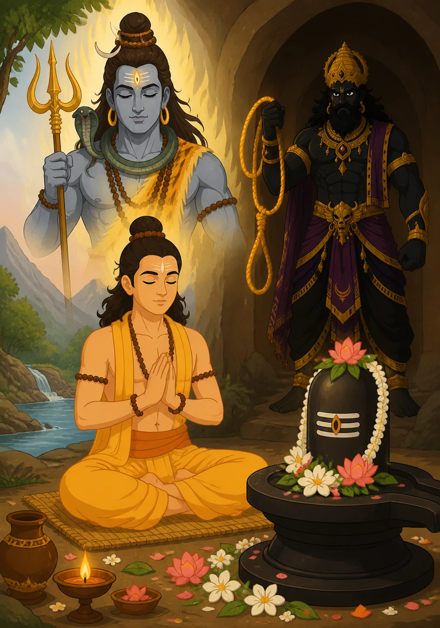 As Markandeya grew, he became a brilliant and kind boy who spent his days in deep meditation. He was a devoted follower of Lord Shiva, finding peace and strength in the rhythmic chanting of sacred hymns and prayers.