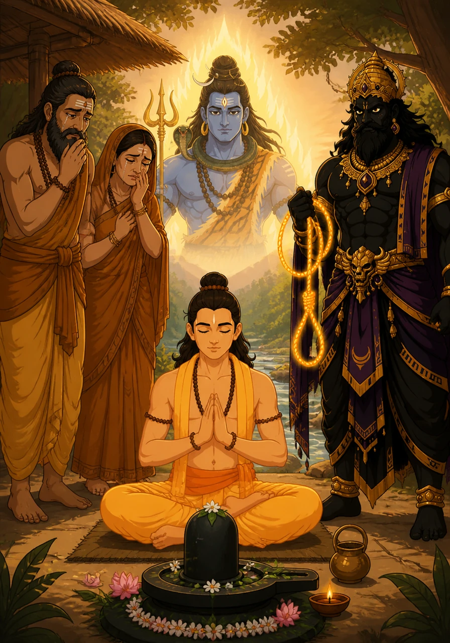 The years passed quickly, and the day of his sixteenth birthday drew near, casting a shadow of sorrow over the hermitage. While his parents wept for the coming loss, Markandeya remained calm and turned his heart toward the divine.
