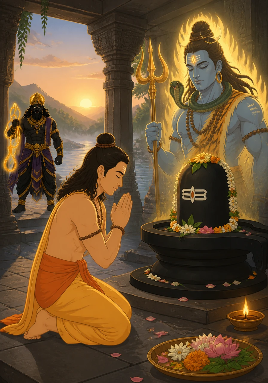 On the fateful morning, Markandeya went to a secluded temple by the river and knelt before a sacred Shivling. He closed his eyes and began to pray with all his soul, surrendering himself entirely to the presence of Lord Shiva.