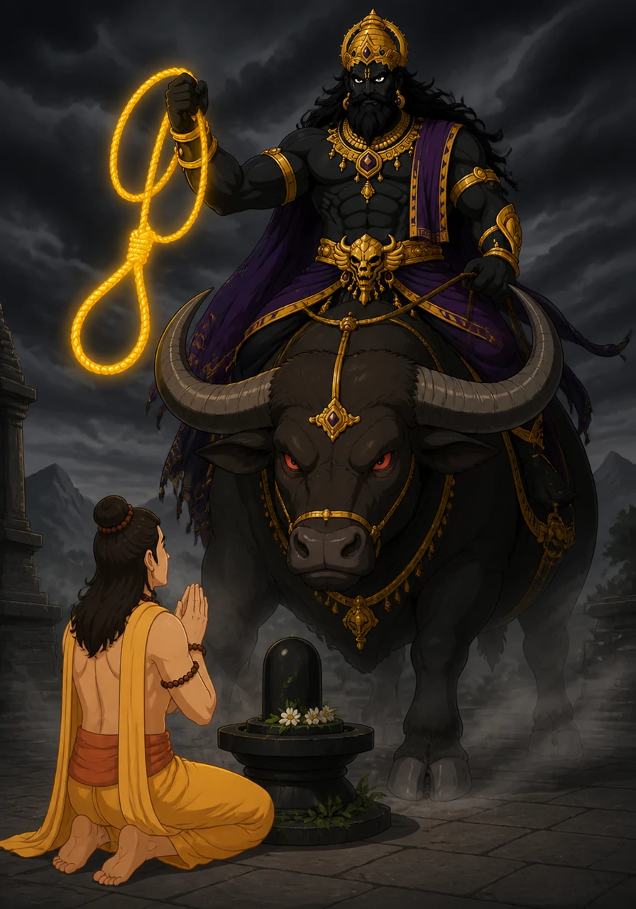 Suddenly, the air grew cold and the sky turned dark as Yama, the God of Death, appeared riding a massive black buffalo. He carried a glowing noose in his hand, ready to claim the soul of the young boy whose time had supposedly run out.