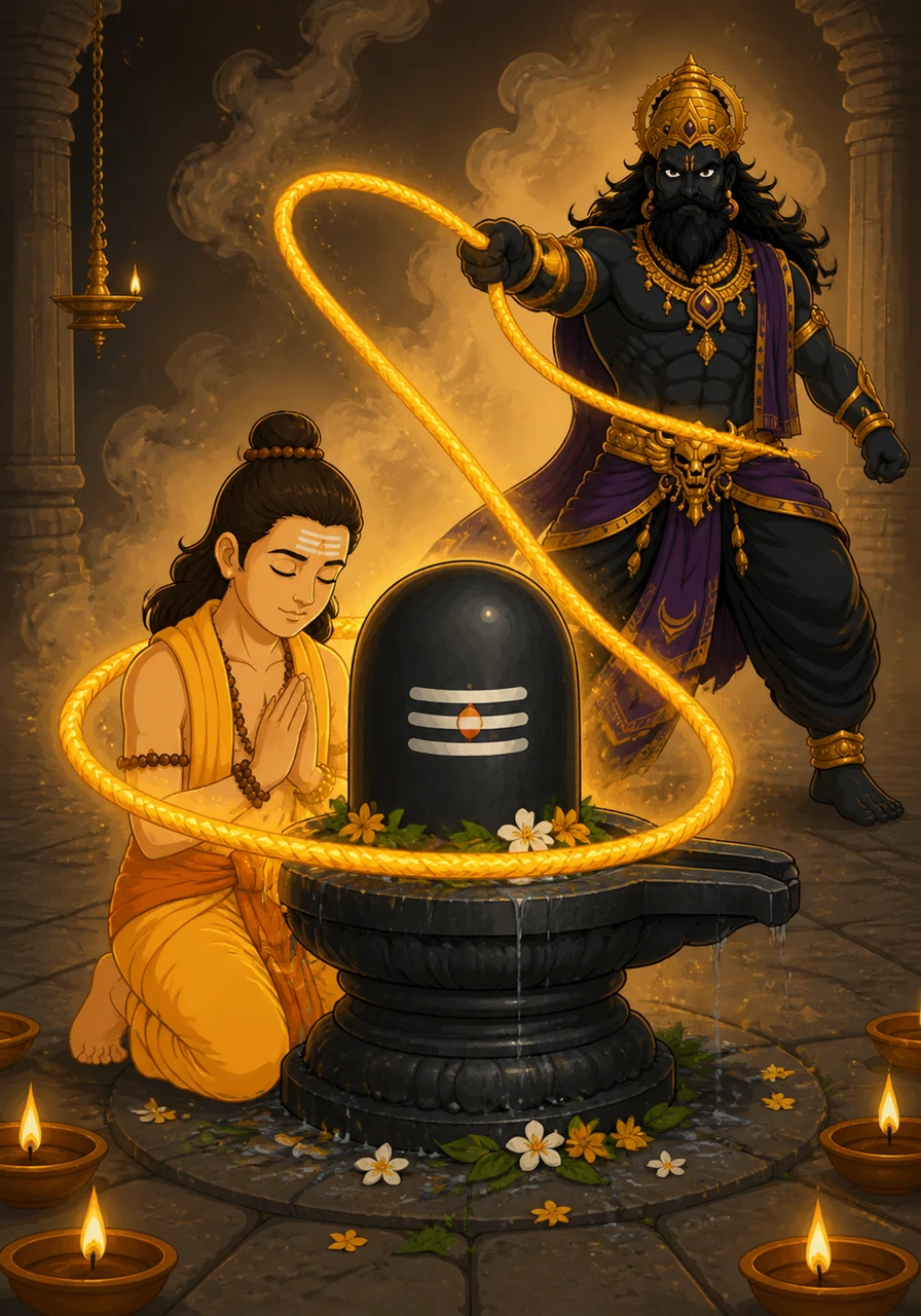 Yama threw his powerful noose toward Markandeya to pull him away from the world of the living. But the loop of the noose accidentally fell over both the boy and the sacred Shivling, binding them together in its golden grip.
