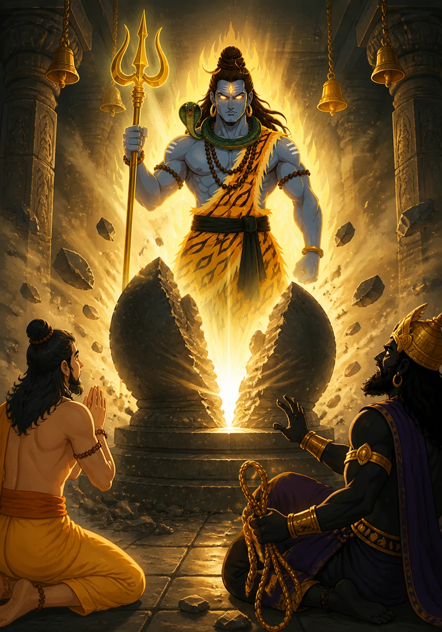The temple shook with a thunderous sound as the Shivling split open, radiating a brilliant and blinding light. From within the stone, Lord Shiva emerged in a fierce and majestic form, holding his golden trident and looking upon the scene with divine anger.