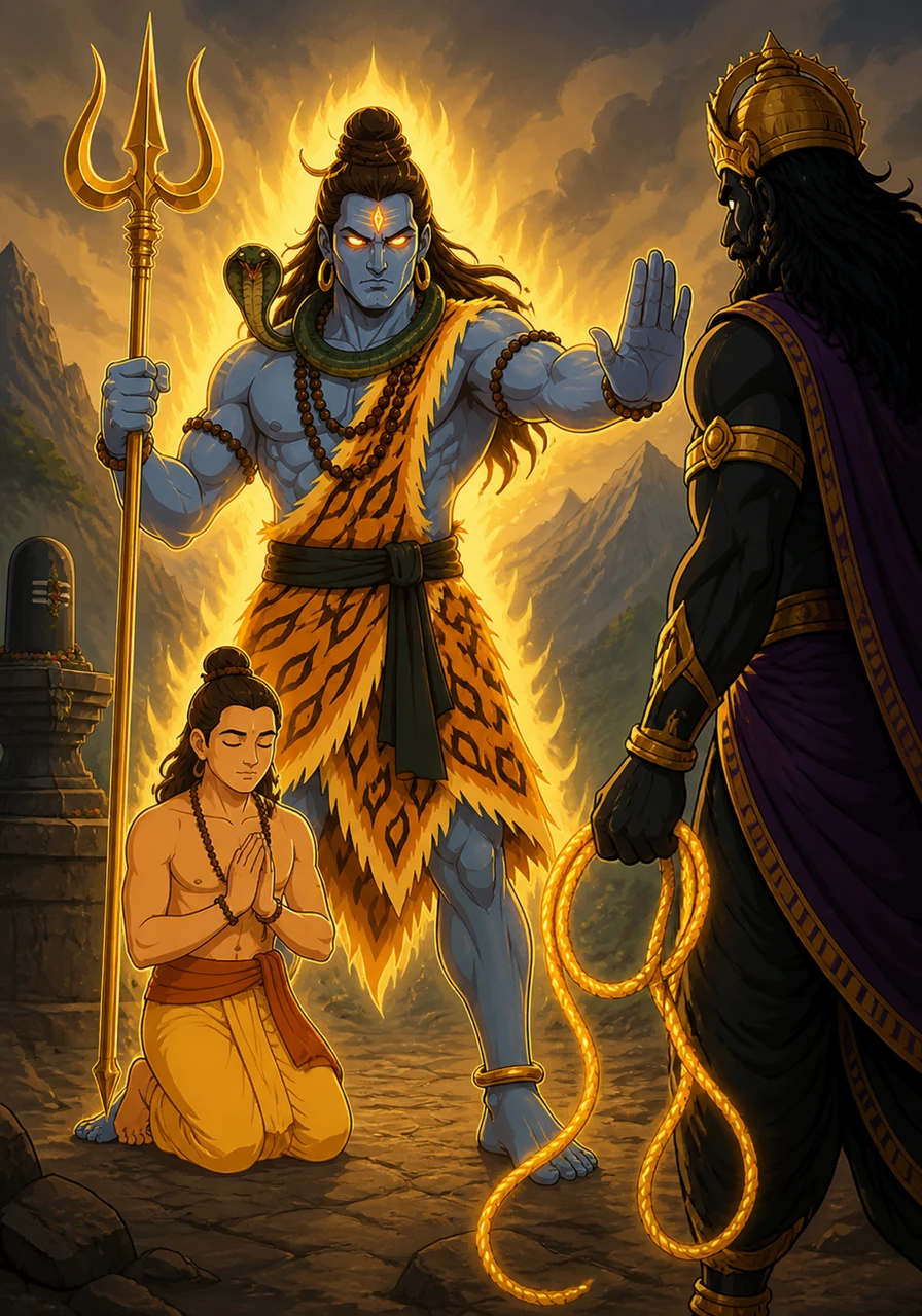 Lord Shiva stood protectively over Markandeya and looked at Yama with eyes that glowed like fire. He declared that his devotee was under his eternal protection and could not be taken by the hands of death against his will.