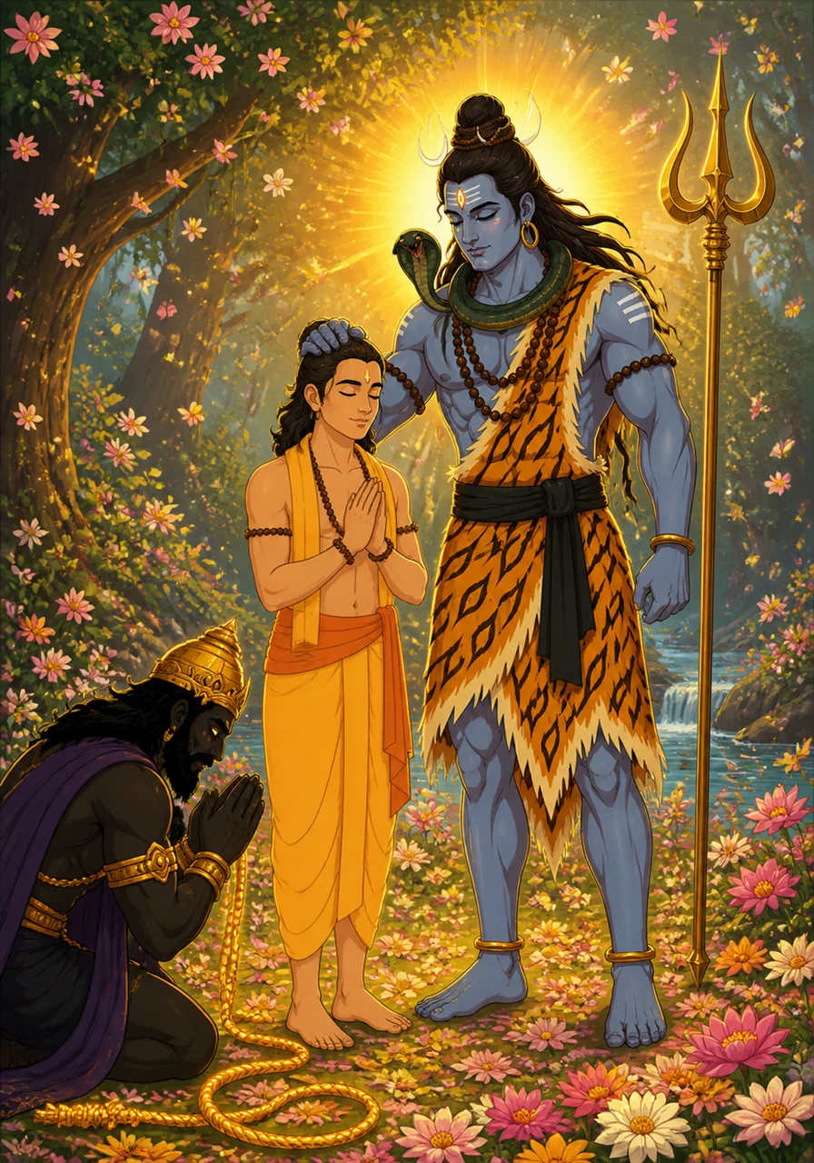 The God of Death bowed before Shiva and departed, acknowledging the power of true devotion. Shiva touched Markandeya’s head, blessing him with eternal youth and immortality as the forest bloomed with celestial flowers and joy.