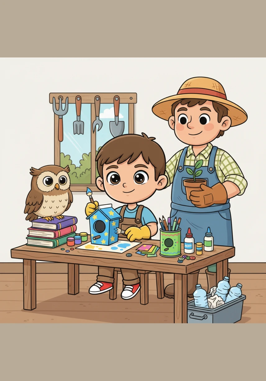 Robin realized that recycling wasn't just about sorting; it was about being creative. With some paint and glue, Robin turned an old juice carton into a cozy birdhouse and a metal soup can into a bright pencil holder.