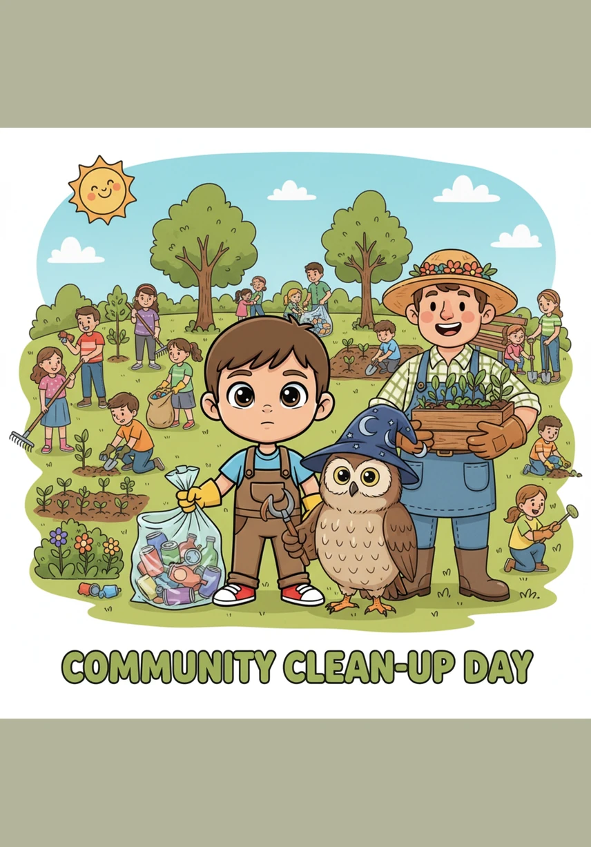 Soon, the whole neighborhood joined Robin for a big Clean-Up Day at the local park. Everyone wore gloves and worked together, filling bags with litter until the grass could finally breathe again.