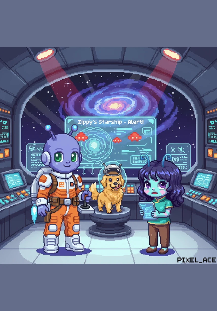 Zippy sat in his shiny silver spaceship, surrounded by glowing buttons and holographic maps. He looked out the window at the distant blue marble called Earth and felt a flutter of excitement in his three hearts.