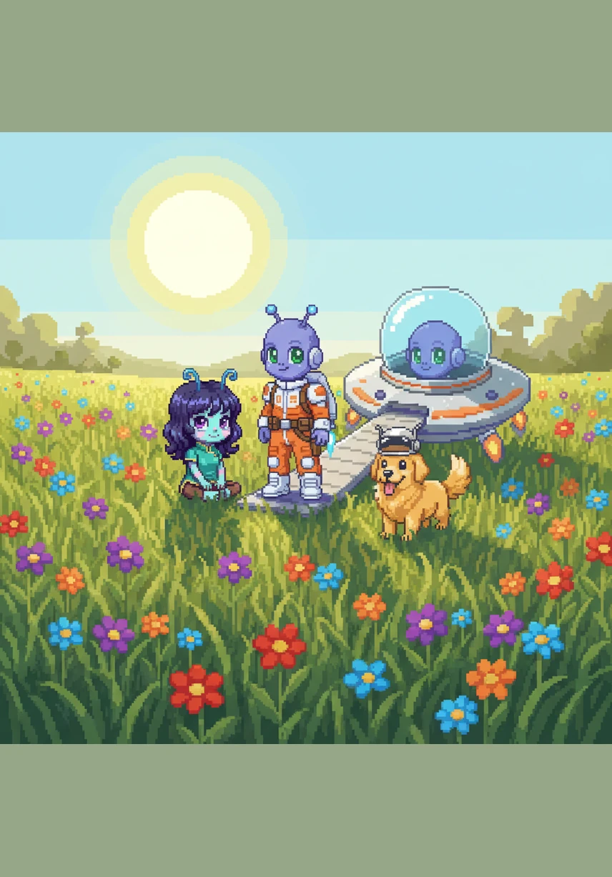 The spaceship landed softly in a field of tall, waving grass and vibrant wildflowers. Zippy stepped out onto the ramp, sniffing the fresh air and marveling at the bright yellow sun warming his green skin.