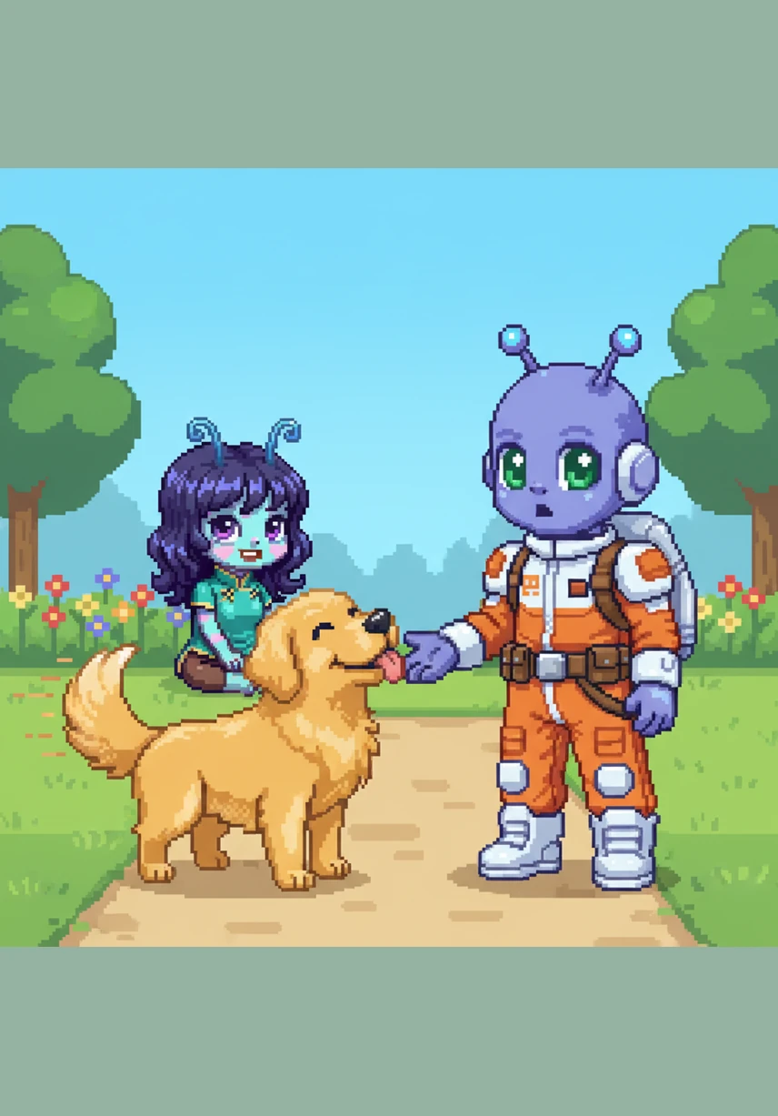 A fluffy golden retriever trotted up to Zippy and gave his hand a friendly lick. Zippy was surprised by the soft fur and the wagging tail, realizing he had just made his very first Earth friend.
