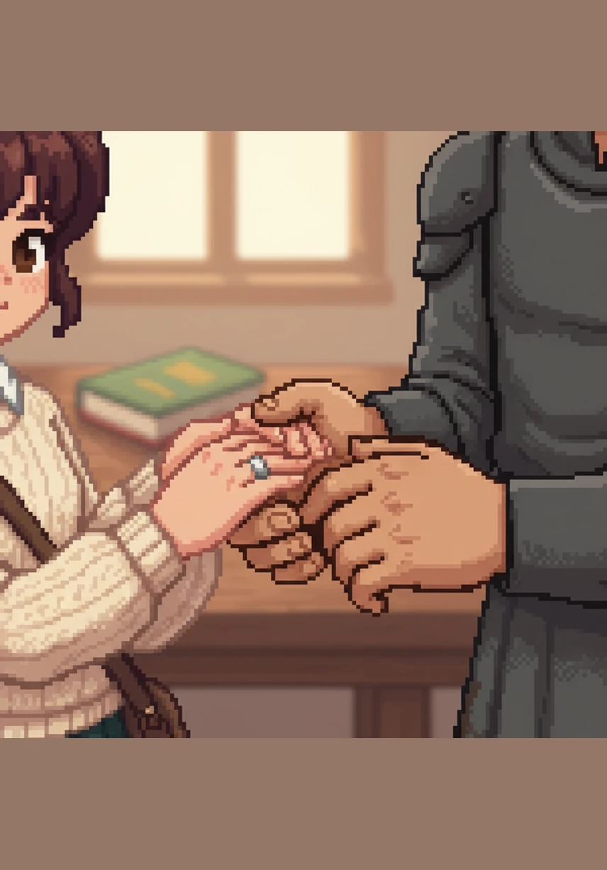 A soft blush pink background blends into rose gold hues with two intertwined hands at the center, one wearing a delicate ring. Symbols of their journey—a Miniso bag, pink sauce pasta, and a small car—float gracefully around the elegant gold cursive title that promises a journey from seven years to forever.