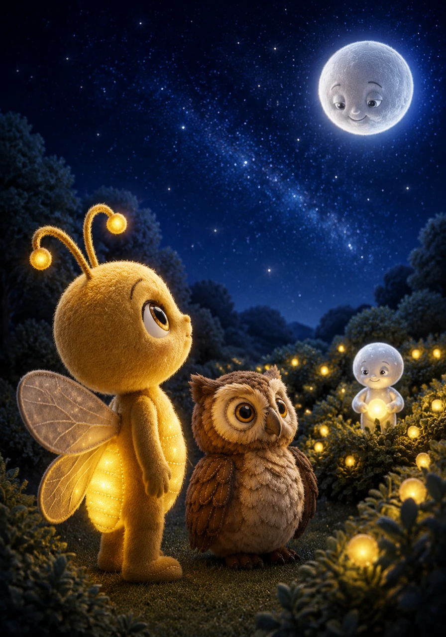While his friends were happy lighting up the bushes, Lino often gazed at the vast, dark sky. He had a secret dream: he wanted to shine so brightly that he could light up the entire world for just one night.