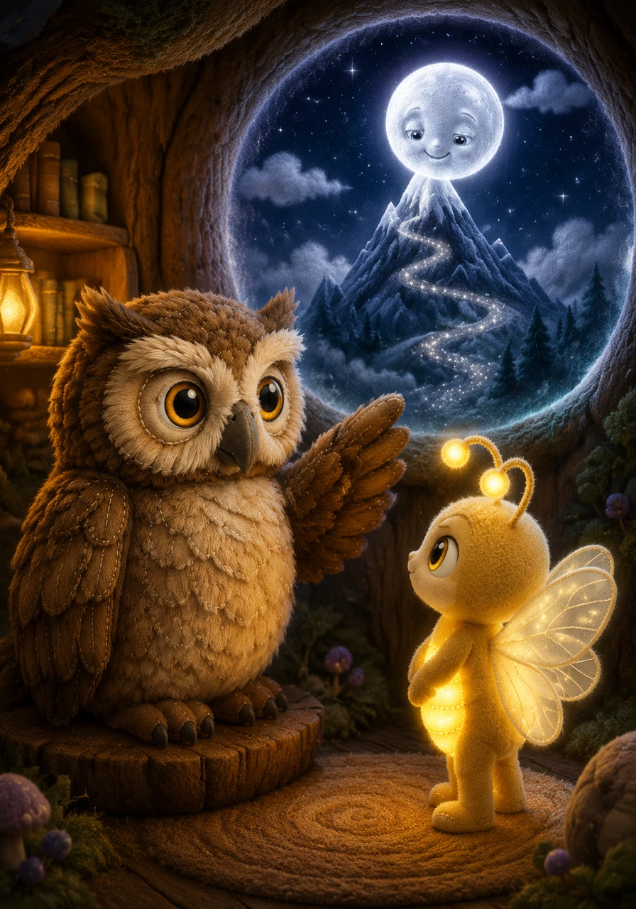 Lino visited Barnaby, the oldest and wisest owl in the woods, to ask for advice. Barnaby blinked his large, amber eyes and told him about the Mountain of Whispers, where the Moon listens to the purest hearts.
