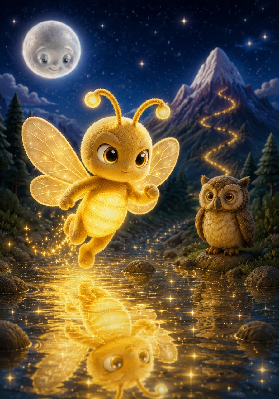 Determined to reach the mountain, Lino began his journey across the Whispering River. The water reflected his golden glow, making it look as though he were flying over a stream of liquid diamonds.