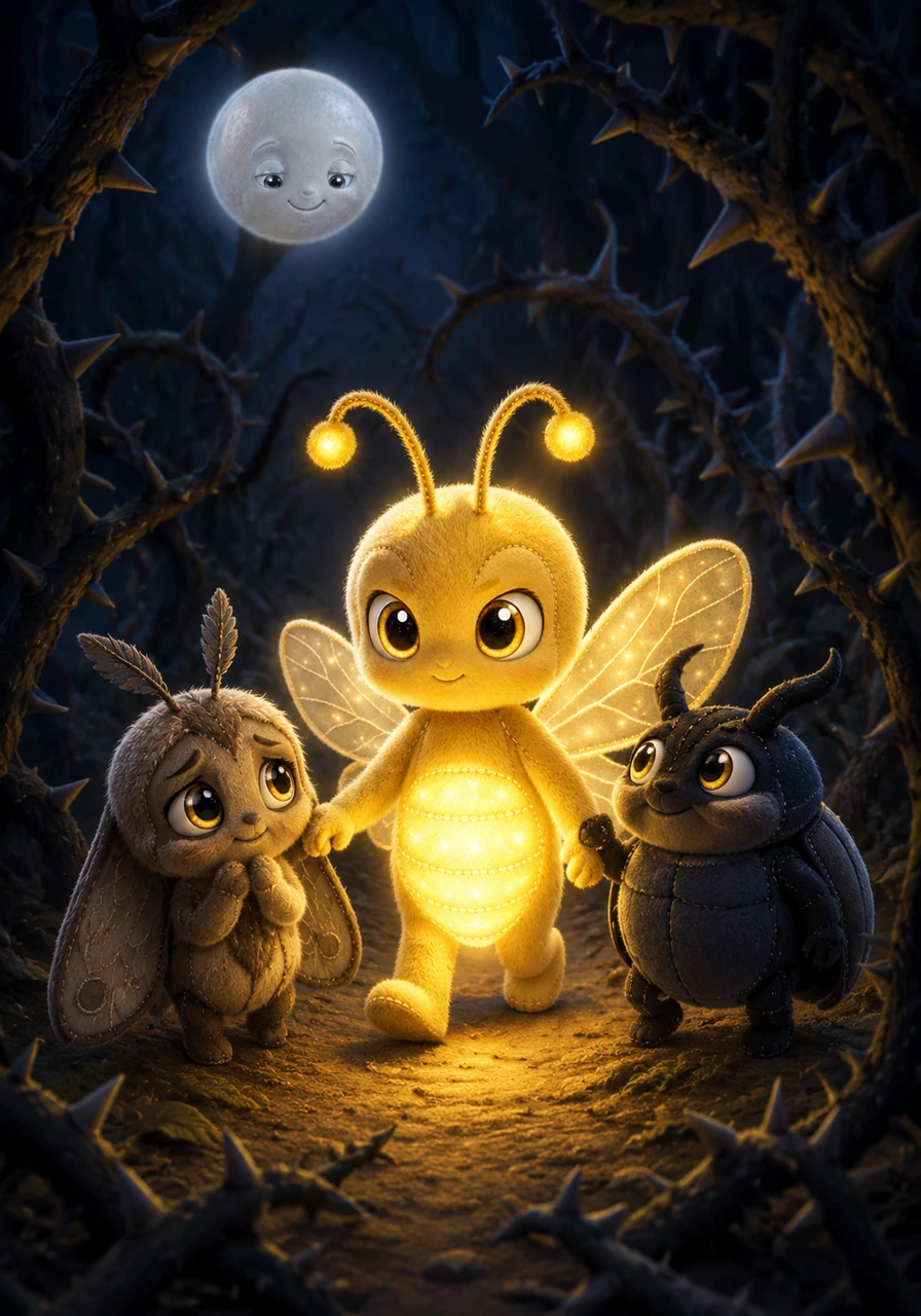 Along the way, he met a shy moth and a sturdy beetle who were lost in the shadows. Lino shared his light with them, guiding them safely through the thorny brambles of the deep woods.