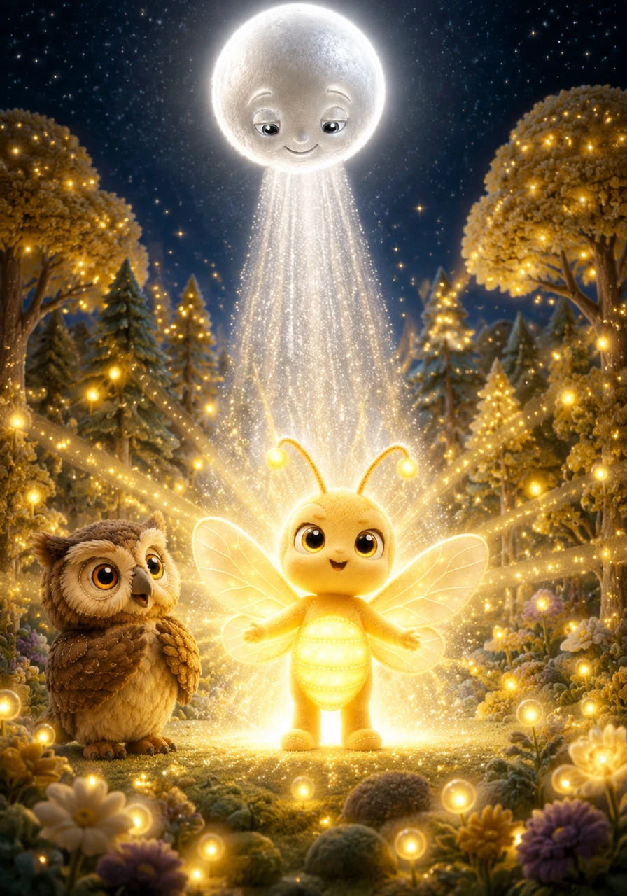 The Moon smiled down and touched Lino with a beam of pure silver light, amplifying his golden glow. Suddenly, Lino’s light expanded, reaching every corner of the forest and turning the night into a brilliant, shimmering wonderland.