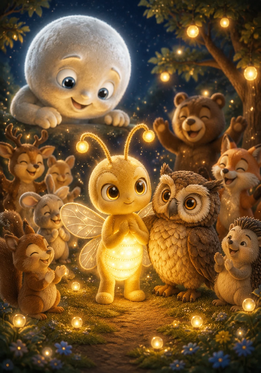 Lino returned home to find the forest animals celebrating under his beautiful, lingering light. He realized that by chasing his dream, he had brought hope to everyone, proving that no light is too small to make a difference.