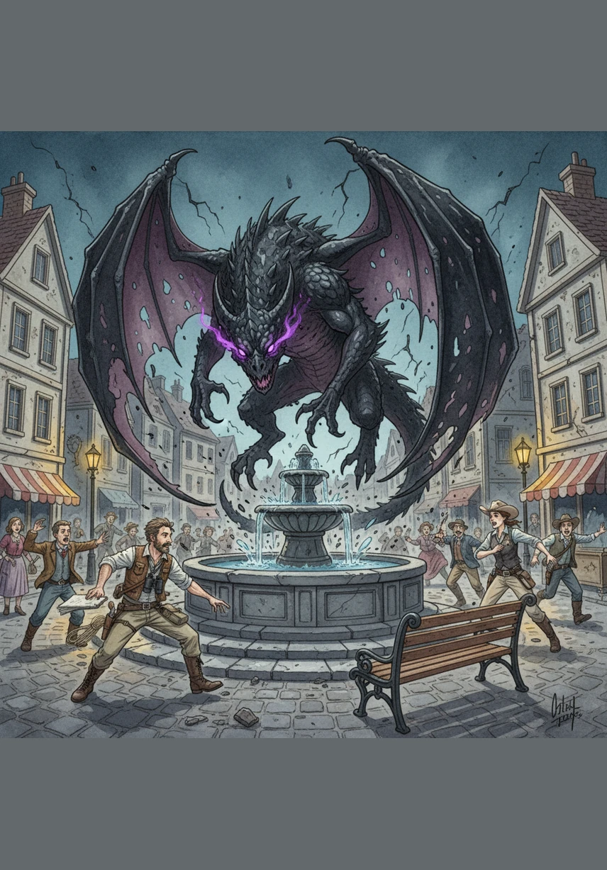 A massive, obsidian-scaled creature with wings like tattered velvet descended upon the fountain, its eyes burning with a pained, violet fire. Buildings trembled as the beast thrashed, and the townspeople fled in a panic from the misunderstood titan. The creature seemed confused and agitated, its tail smashing through a wooden park bench.