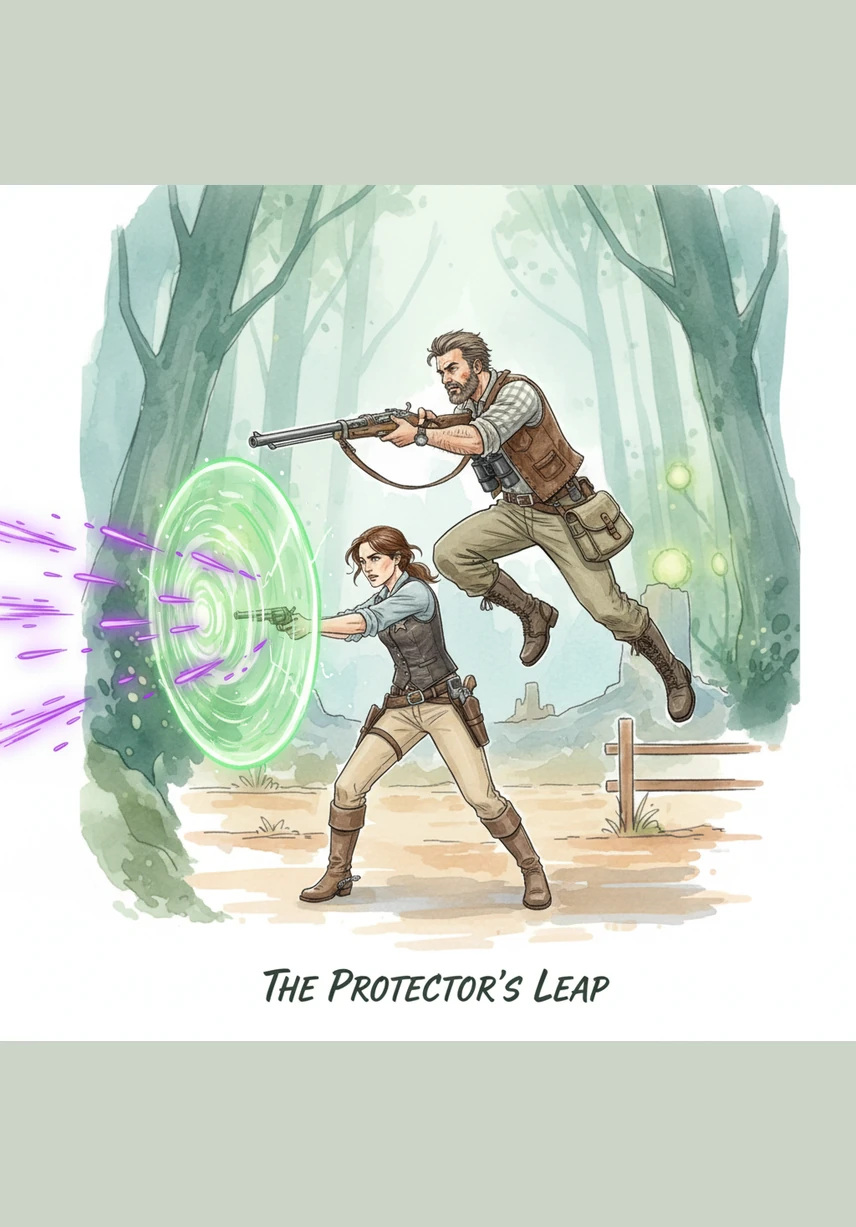 Just as the creature reared back, Elias leaped into the fray, throwing a shimmering dust that smelled of lavender and old earth. The beast paused, momentarily dazed by the soothing scent, allowing Elias to step protectively in front of Sarah. He held out a steady hand, speaking in a low, rhythmic tone that seemed to vibrate with ancient magic.