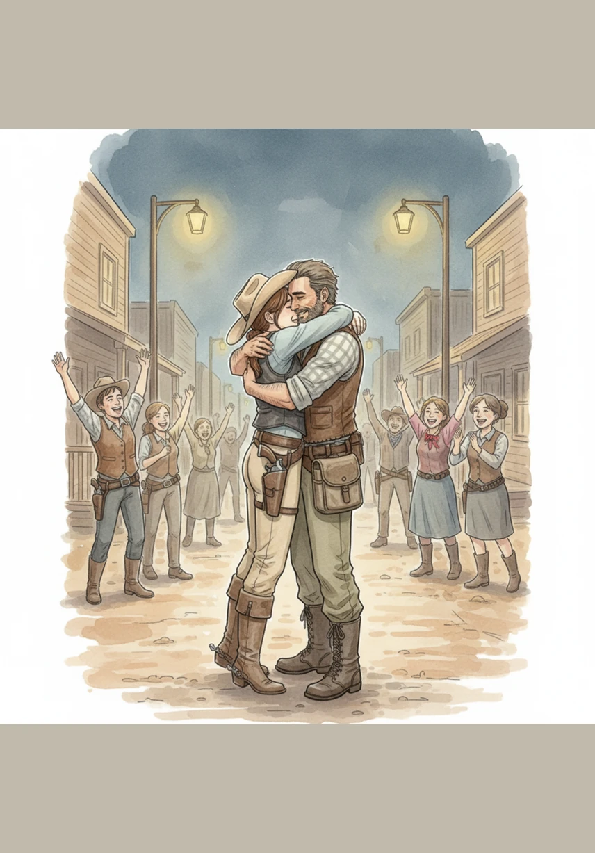 As the townspeople began to emerge and cheer, Sarah walked up to Elias and pulled him into a fierce, emotional embrace. Under the soft glow of the streetlamps, she thanked him profusely, her eyes revealing a deep love that had finally found its moment to shine. Elias smiled, realizing that the greatest mystery he had ever solved was the path to her heart.