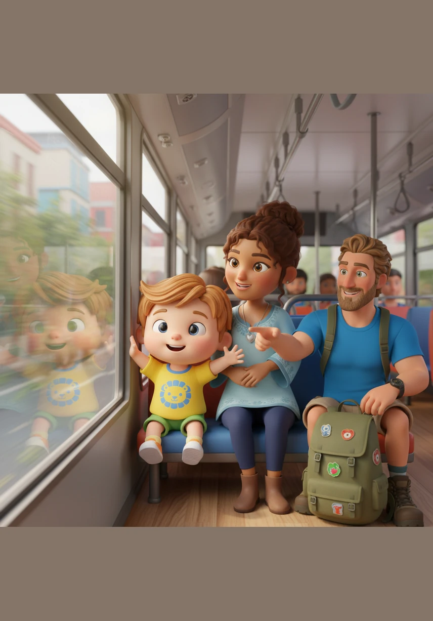 Desde la ventana del autobús, Leo ve pasar los árboles verdes y las casas de colores. Todo se mueve rápido mientras el autobús hace un suave sonido de motor por la ciudad.