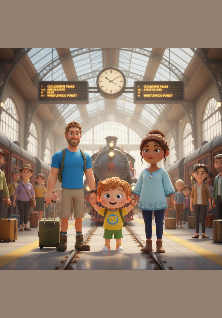 Ahora llegan a la gran estación para subir a un tren azul muy largo y veloz. El tren espera pacientemente en la vía y tiene muchas ventanas para mirar el paisaje.