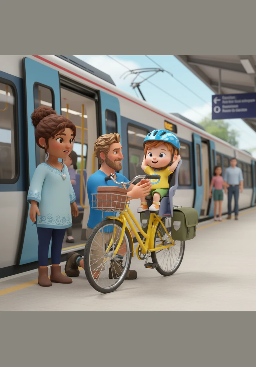Al bajar del tren, Leo se sube a su sillita segura en la bicicleta amarilla de papá. Se pone su casco brillante y siente el viento fresco acariciando sus mejillas.