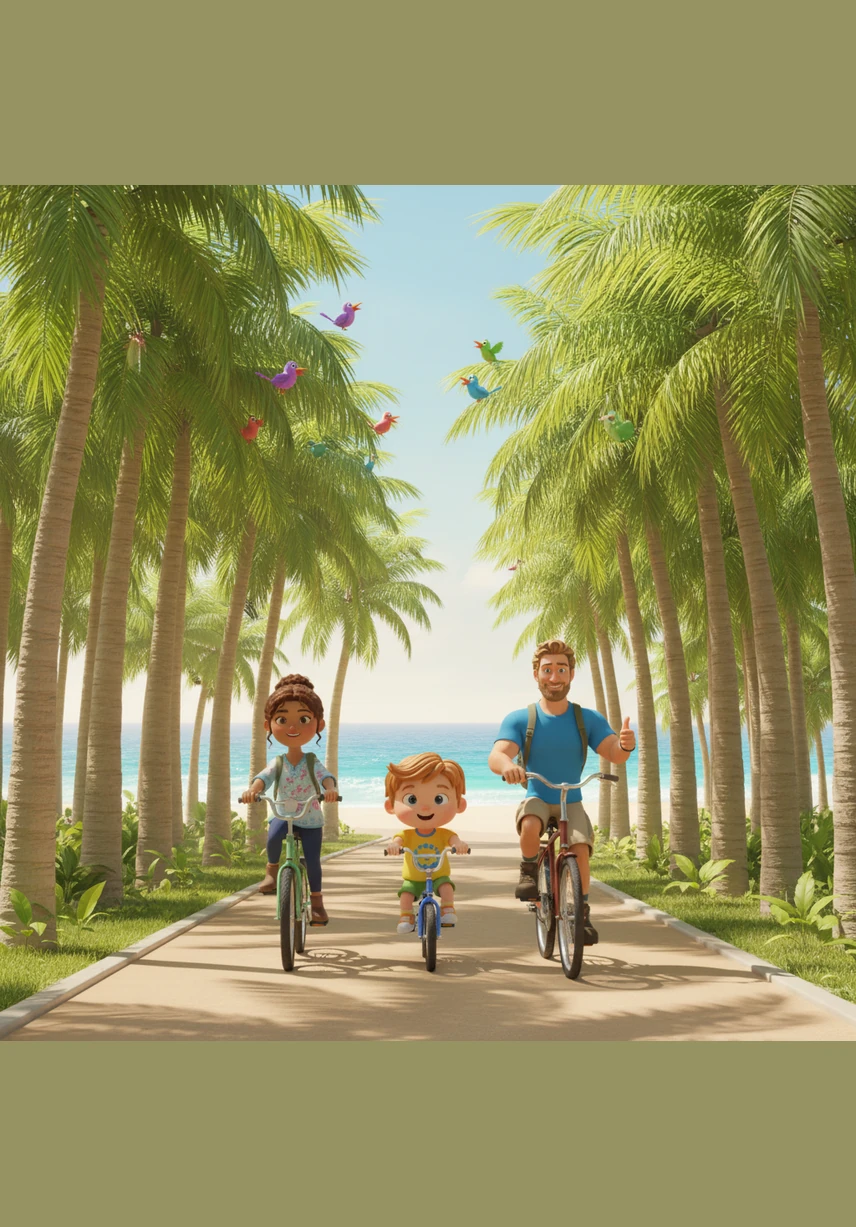La bicicleta pedalea por un camino rodeado de altas palmeras y pájaros que cantan. A lo lejos, se empieza a escuchar el relajante sonido de las olas del mar.