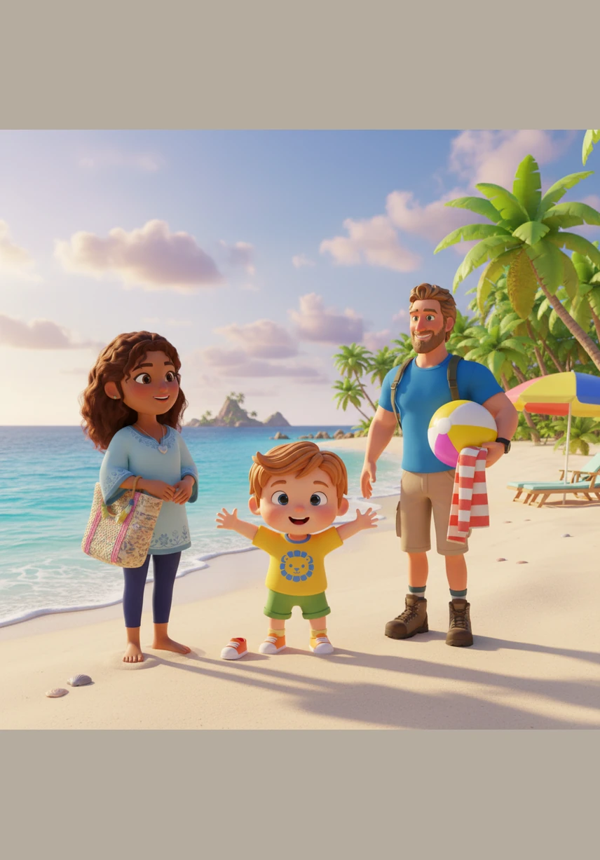 ¡Por fin han llegado a la playa de arena dorada y brillante! El sol brilla en lo alto del cielo y el mar se ve de un color azul precioso y muy tranquilo.