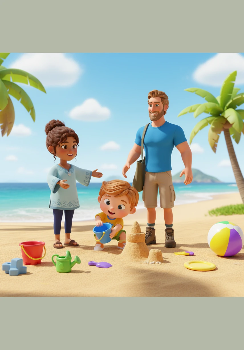 Leo corre hacia la orilla y empieza a llenar su cubo con ayuda de su pala de juguete. Construye una montaña de arena muy alta y busca caracolas pequeñitas.