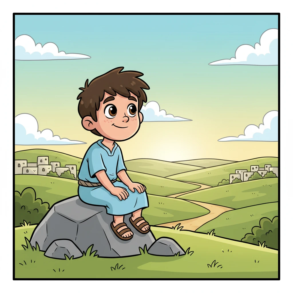 Elia, un bambino curioso con occhi vivaci, viveva nel piccolo villaggio di Nazareth. Sognava di esplorare le colline e le valli oltre la sua casa, immaginando le città e le persone che avrebbe incontrato. Ogni giorno, dopo aver aiutato la sua famiglia, si sedeva su una roccia e guardava l'orizzonte, desiderando un'avventura.